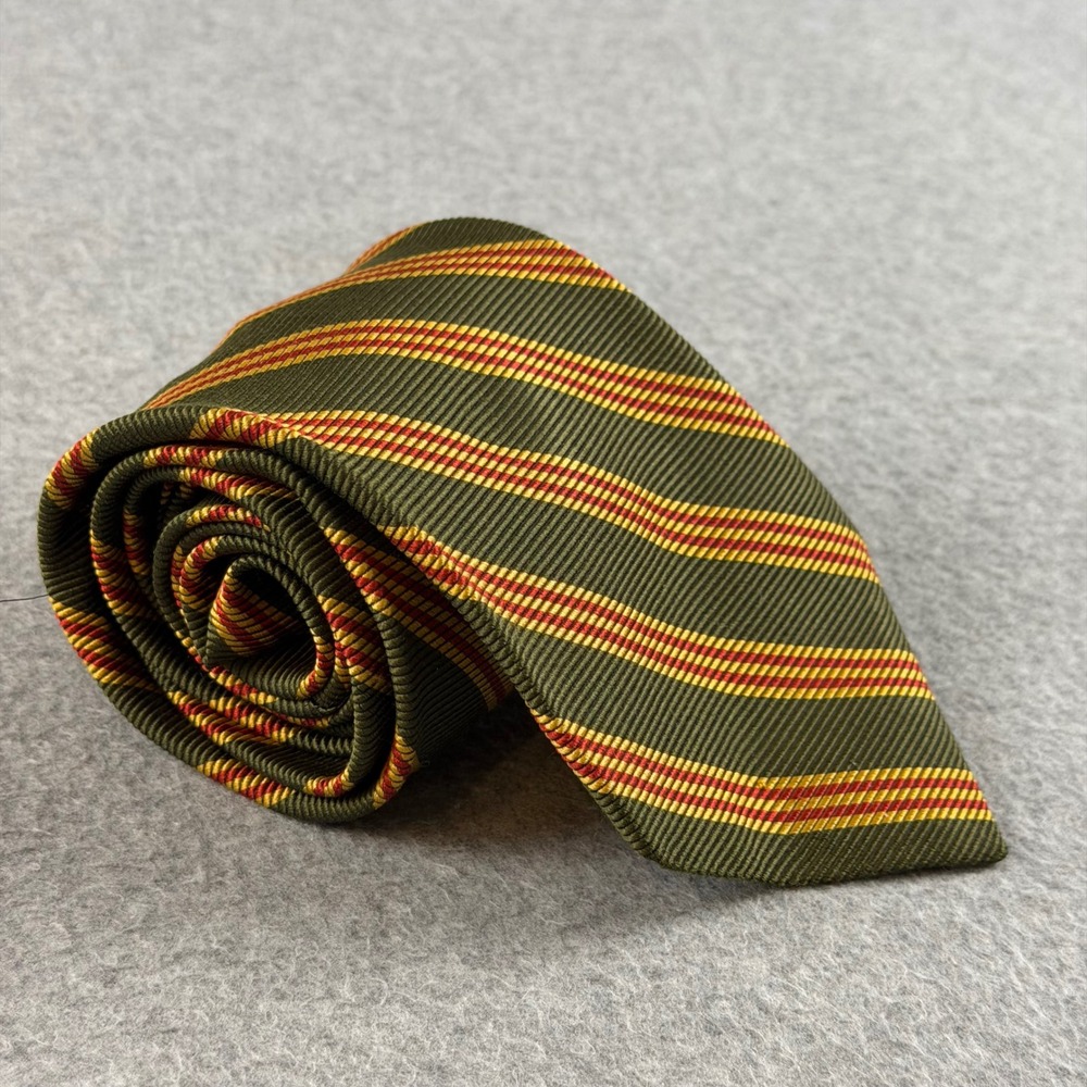 Vintage Brooks Brothers Makers Silk Tie Olive Green Gold Repp Stripe USA 56x3.6"